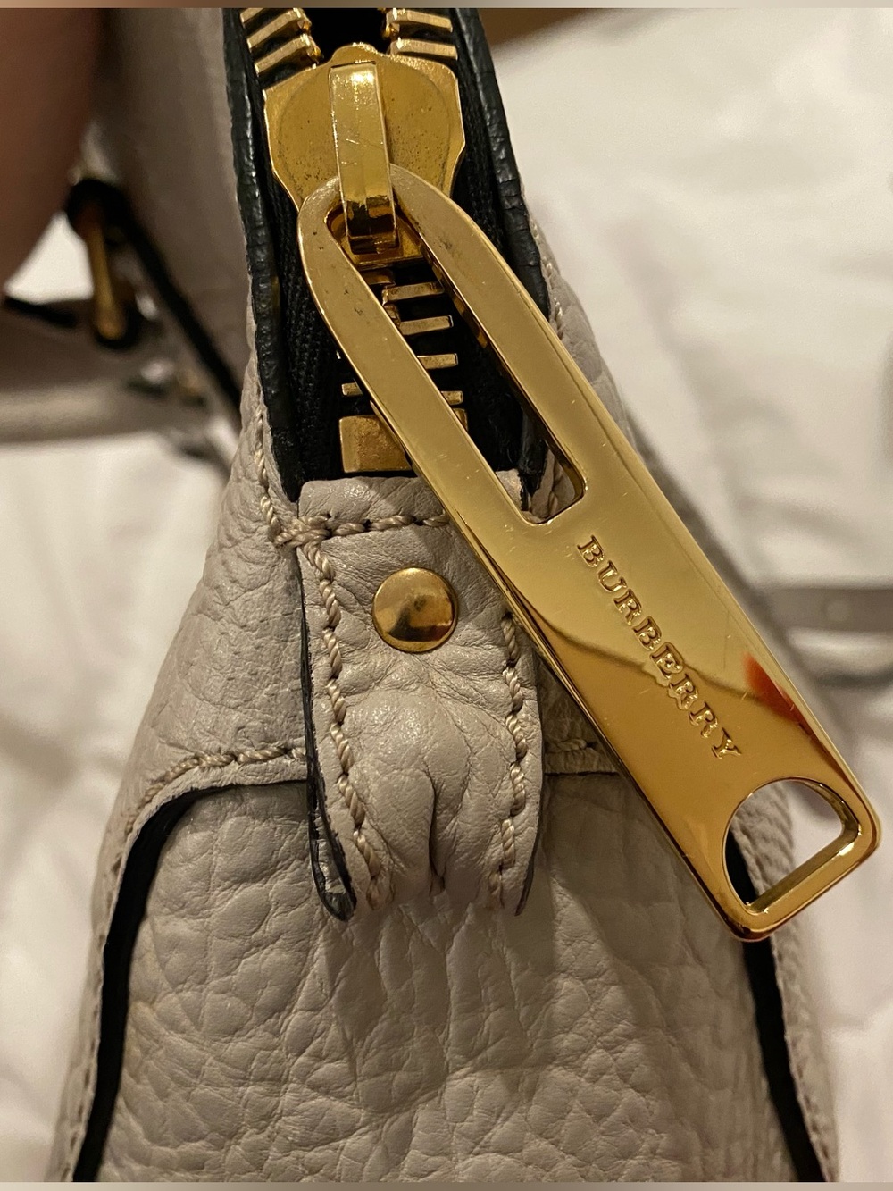 Burberry Pebbled 2-Way Leather Satchel in Light Gray with Gold Hardware - Picture 7 of 16